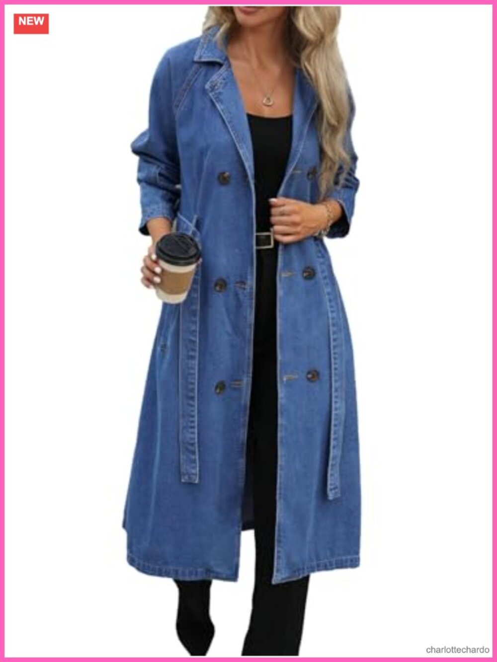 Long Denim Trench Coat Oversized Belted Double Breasted Women's